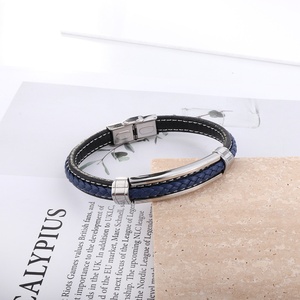 <b>Men</b> Mature Jewelry Black Leather <b>Bracelet</b> Stainless Steel Waterproof Wholesale 18k Plated Gold - Product Image 1
