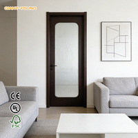 Porte en bois massif noyer foncé avec cadre moderne et verre cannelé, coins arrondis, pour chambre, salon, salle de bain, cuisine, extérieur