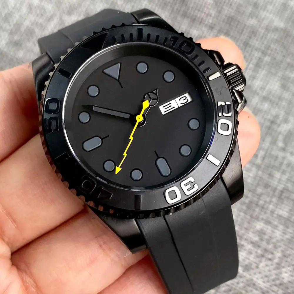 Tandorio 200m Waterproof Diver Black Mechanical Watch Men Yellow Flash Hand NH36 Movement SUB Sport Clock Weekday Rubber Band