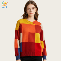 AJB Pull en maille tricotée à col rond pour femme, coupe ample, manches longues, motif patchwork, anti-boulochage, 7GG, personnalisable avec logo, idéal pour l'hiver et les tenues décontractées