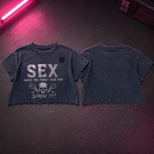 Camiseta Gráfica Azul Marino Desgastado con Estampado de Calavera 'Sex Print' que te Hace Olvidar el Dolor, Estilo Streetwear Metour, Venta al por Mayor Personalizada - Product Image 3