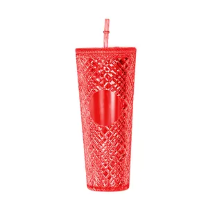 24oz 16 oz iki katlı bardak Tasse düz renk damlatmaz bardak Tazas bardaklar Becher Taza Bling soğuk Drinkware kapaklı kupa ve payet