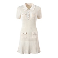 Vintage elegante estilo primavera señora Turn-Down Collar manga corta mujeres de punto de lentejuelas ajustado con volantes Vestido corto sólido