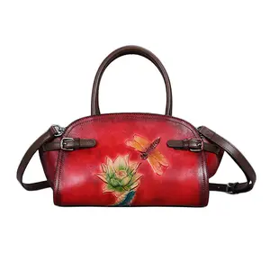 Sac à bandoulière moyen en cuir véritable pour femme, sacoche de style chinois avec motif de Lotus imprimé