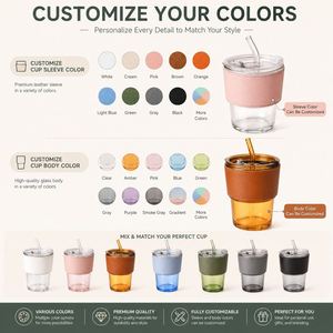 Custom Logo 400ml Glass Coffee <b>Cup</b> with PU Leather Sleeve <b>Reusable</b> Drinking Tumbler with Straw and Lid for Promotional Gifts - Product Image 6