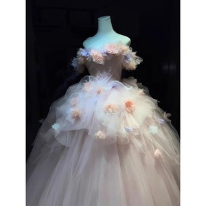 Pink Off The Shoulder Ball Gown Empire Waist Floral Print Prom Dress Princess Style Maxi Skirt - Product Image 2