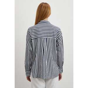 Camisa de Popelina a Rayas para Mujer, Azul Marino, Casual, con Botones, para Uso Diario - Product Image 1