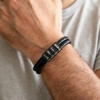 Pulsera de Cuero Trenzado Negro Doble con Cuentas Multitubo Grabadas Personalizadas, Brazalete de Acero Inoxidable con Nombre de Familia y Fecha