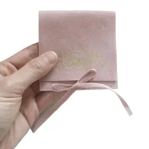 Bolsa de veludo rosa de microfibra, luxuosa, bolsa para joias personalizada, logotipo personalizado, com aba, para embalagem de joias e display