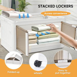 3-Tier Stackable <b>Storage</b> Cabinet with Wheels Plastic Folding <b>Storage</b> Box with Double Doors Rolling Organizer for Home - Product Image 4