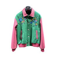 Blouson Bomber Décontracté Vert Rose Personnalisé avec Broderie Florale Contraste Printemps, Style Ample, pour Femme, Ornements Lourds en Cuir d'Autruche