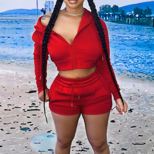 2026 Summer Women's 2-Piece Set Zip-Up Hooded Jacket & Embroidered Knitting Crop Top with <b>Sweat</b> Shorts Sets Women - Product Image 3