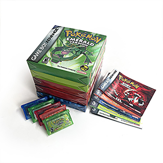 USA Version Emerald Leaf Green Fire Red Sapphire Ruby Pokemoned Series Metallic Foil Finish Games Cartridge Box Manual for GBA