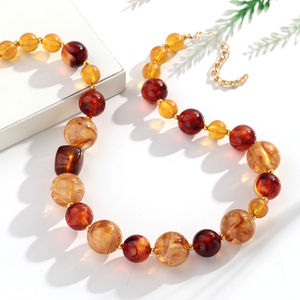 תכשיטי מסיבה וינטג' סתיו חורף שרשרת ענבר שקופה צהוב-חום אקריליק עגול חרוזים שרשרת מתנה - Product Image 1