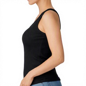 Débardeur côtelé noir pour femme avec logo personnalisé, col rond, bretelles larges, coupe ajustée, sans manches, basique, pour l'été - Product Image 3