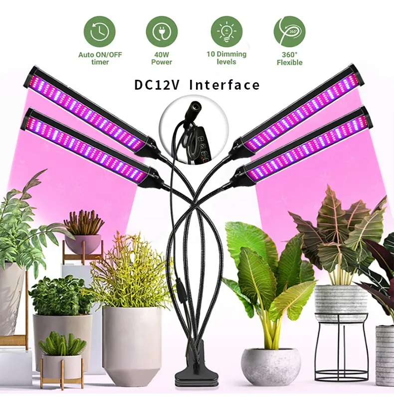 Espectro completo regulable DC12v/5V USB verde jardín control remoto color cambiable blanco 4 cabezas led luces de cultivo para plantas de interior