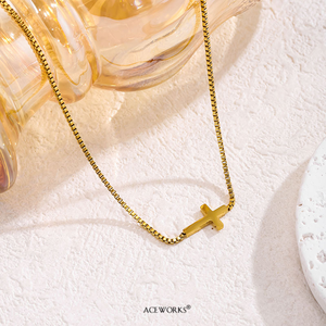 <b>Sideways</b> <b>Cross</b> <b>Necklace</b> | 18K PVD Gold Plated Stainless Steel Box Chain <b>Cross</b> Pendant | Waterproof Hypoallergenic & Tarnish Free - Product Image 5