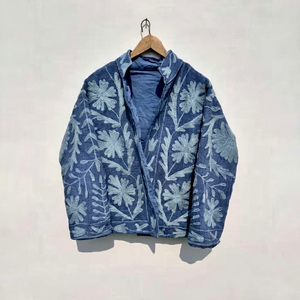 Chaqueta Acolchada de Algodón Azul Premium Hecha a Mano para Mujer, Ropa de Invierno, Elegante, Manga Larga, Abertura Frontal, Chaqueta Corta - Product Image 1