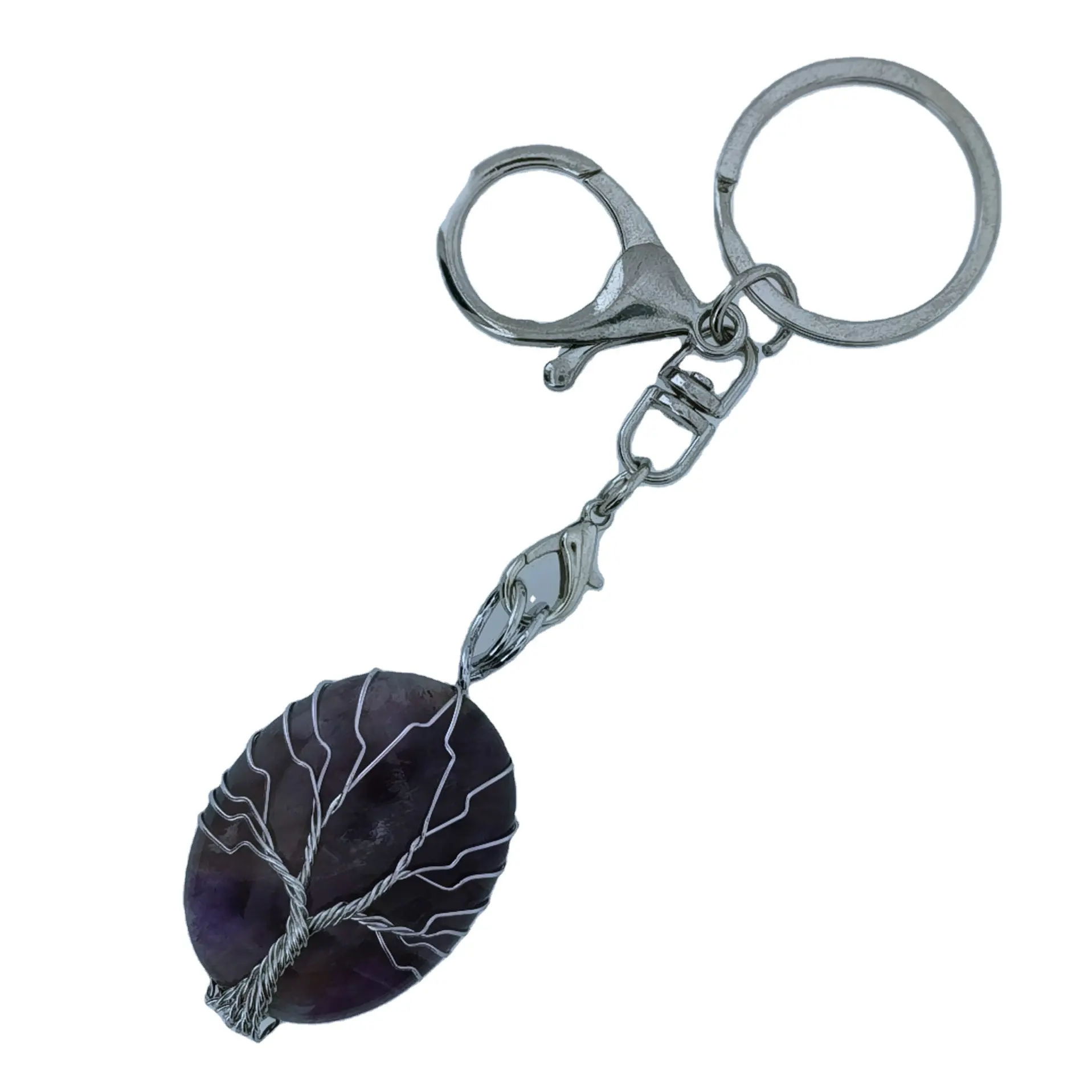 2024 Naturstein Baum des Lebens Schlüssel bund Silber Farbe Draht wickel Oval Kristall Anhänger Schlüssel ring Zubehör