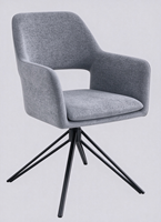 Fauteuil moderne en tissu gris rembourré avec dossier découpé unique et base pivotante à 360 degrés en métal noir robuste, chaise de salle à manger