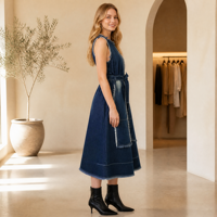 Robe midi pour femme de haute qualité, élégante, sans manches, col rond, nœud à la taille, coupe évasée, style A, robe d'été pour tous les jours