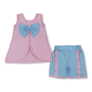 พร้อมส่ง เสื้อผ้าเด็กขายส่ง ชุดฤดูร้อนสำหรับเด็กผู้หญิง เสื้อแขนกุดผูกโบว์ด้านหลัง กางเกงขาสั้นระบาย ชุดเสื้อผ้า - Product Image 2
