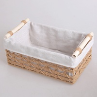 Panier de rangement rectangulaire rustique tissé à la main en papier, écologique, avec poignée en bois et doublure en coton, pour la décoration intérieure et les articles divers du placard (ODM personnalisé)