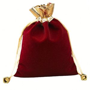 Pochette en velours rouge à bordure dorée avec cordon de serrage, sac cadeau pour bijoux - Product Image 5