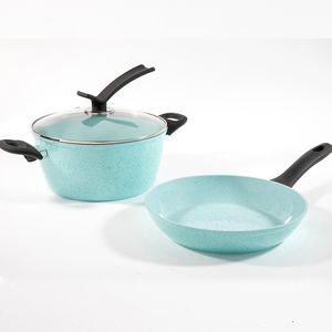 Juego de utensilios de cocina antiadherentes personalizados de fábrica, juego de sartenes y ollas de sopa de aluminio antiadherentes de granito con tapas, juego de sartenes de cocina de alta calidad - Product Image 1