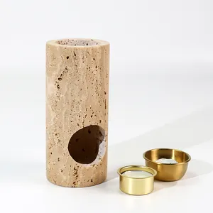 Jarra de travertino bege natural para decoração de casa, suporte de vela de travertino com design moderno