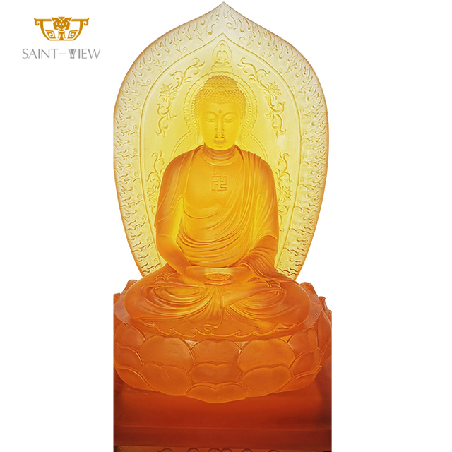 Customization Size Color Yellow Gold Plating Engrave Handmade Carving Crystal Glass Eco-Friendly Temple Indoor Big Buddha Home