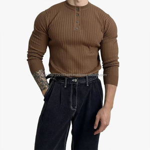 Camiseta de punto de manga larga a rayas de marca de moda, estilo italiano, casual de negocios, corte ajustado, versátil, para hombre, gris oscuro - Product Image 6