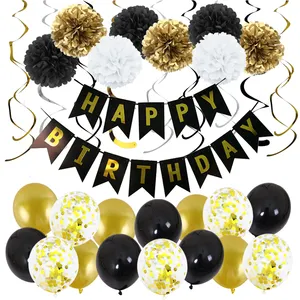 Paper Pompoms Flower Spiral Hanging Happy Birthday Decoration Party Supplies 33Pcs/Set Black Gold Banner Latex Confetti Balloon