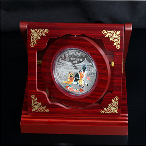 Wooden Display <b>Box</b> For Commemorative Coin 15x15x4cm Square <b>Red</b> With Gold Embossing Gift Packaging - Product Image 2