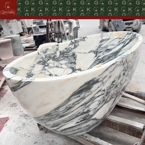 Bañera Ovalada Independiente GOLDKING Ultra Premium Penthouse <span class=keywords><strong>Master</strong></span> Suite de Mármol Calacatta Viola con Base Blanca y Vetas Grises, Personalizable OEM - Product Image 6