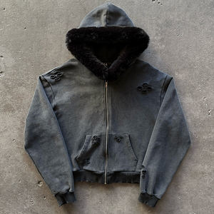 メーカーカスタマイズロゴジッパーパーカースクエアフェイクレザー毛皮フードブランクソリッドヘビー級メンズ酸洗浄穴パーカー - Product Image 1