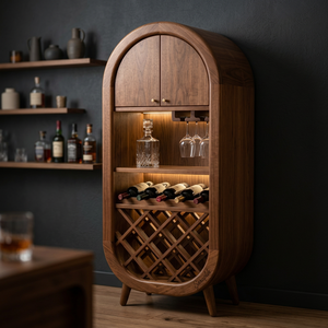 Modern Solid Mango Wood <b>Wine</b> <b>Cabinet</b> with Glass Rack Arched Design Bottle <b>Storage</b> for Home Bar Display - Product Image 1