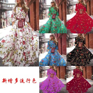 เสื้อผ้าแฟชั่นผู้หญิง กระโปรงยาวพิมพ์ลายโพลีเอสเตอร์สำหรับฤดูร้อน ชายกระโปรงใหญ่ สไตล์โบฮีเมียน ชุดเดรสสำหรับวันหยุด - Product Image 2