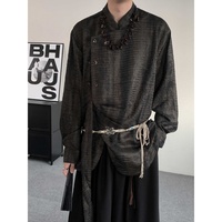 Chemise décontractée pour homme à col montant, manches longues, boutons asymétriques, avec ceinture à la taille, style streetwear vintage pour le quotidien