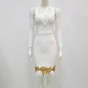 New Fashion White Spaghetti Strap Dress Beaded Feather Women Mini Party Bandage Dress