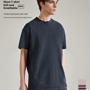 T-shirt vintage en coton américain style Old Money à manches courtes pour hommes et femmes, marque tendance, grande taille, couleur unie délavée - Product Image 3