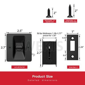 In Stock Bathroom <b>Black</b> Privacy Square Pocket Door Lock with Sliding Latch and <b>Side</b> Pull Handle 60mm Backset 3 Keys - Product Image 6