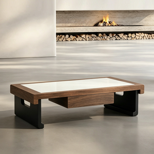 Moderner Couchtisch aus Walnussfurnier mit Mikrokristalliner Steinplatte, Doppelschubladen und passendem Glas-Beistelltisch - Product Image 6