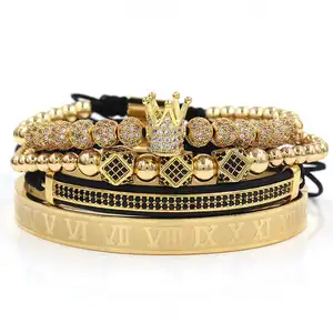 Mooie Luxe 4 Stks/set Mannen Gold Crown Armband Set Nummers Gegraveerde Bangle Micro Pave Cz Crown Kralen Gevlochten Macrame armbanden