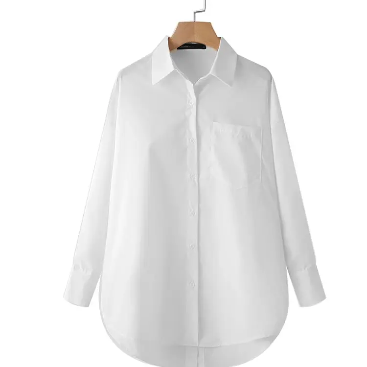 OEM Women White Shirt Print Autumn Fashion Oversized Blouse Lapel Casual Solid Long Sleeve Button Asymmetric Top