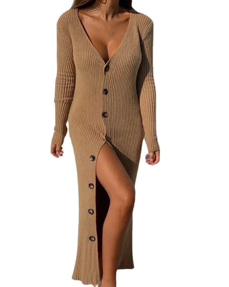 OEM Leisure Knitted Long Sleeved Cardigan Dress with Button Threaded for Custom Design