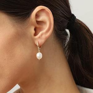 Joyería de Moda al por Mayor, Pendientes de Aro de Acero Inoxidable con Circonitas Geométricas y Perlas, Chapados en Oro de 18K, para Mujer - Product Image 3