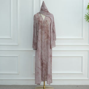 Robe en <span class=keywords><strong>mousseline</strong></span> imprimée tie-dye Abaya ouverte sur le devant avec bouton et écharpe assortie islamique musulmane femmes vêtements Caftan Robe <span class=keywords><strong>Djellaba</strong></span> - Product Image 5