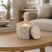 Pot à bougie hexagonal en ciment terrazzo avec couvercle, fait main, en béton, multicolore, décor géométrique pour la maison