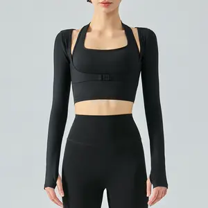 Kunden spezifische zwei Stück in einem gestrickten Spandex Yoga Top BH tanzen Frauen Langarm Gym Shirts mit Innen-BH